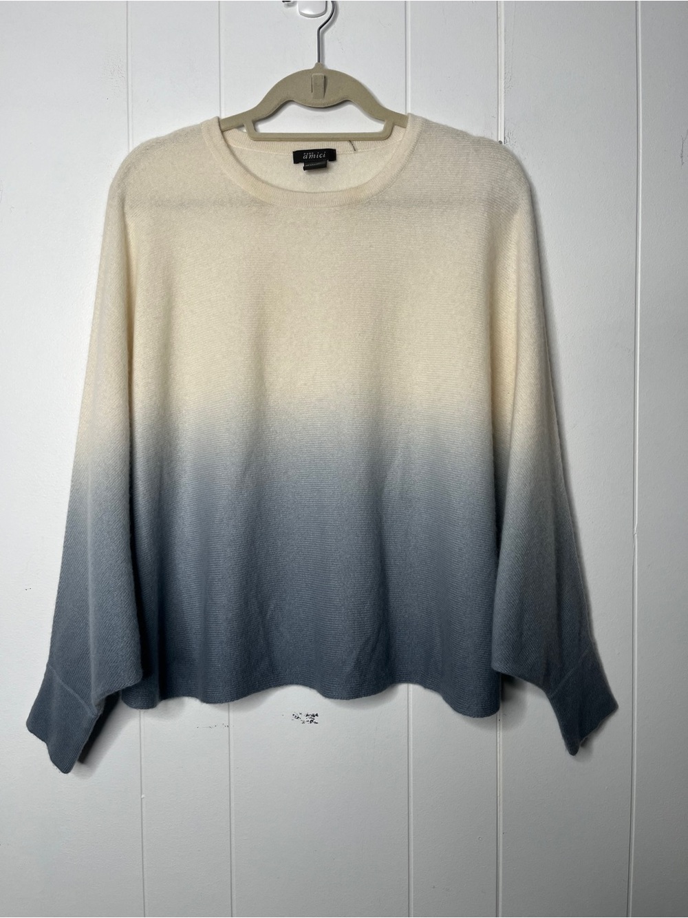 Pure Amici 100% Cashmere Ombre Crewneck Sweater in Cream to Blue Dolman Sleeve